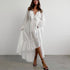 Drawstring V neck Flared Sleeves Chiffon Dress Asymmetric Design White Casual Long A line Dress by Ragazza