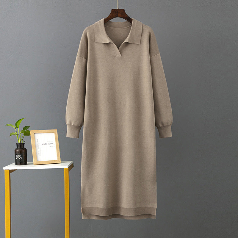 Autumn Winter Polo Collar Base Knitting Loose Solid Color Women Dress by Ragazza