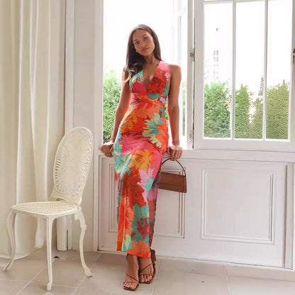 Summer Women Casual V neck Printed Lace up Mid Length Dress by Ragazza