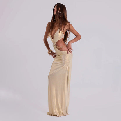 Summer Solid Color Street Hipster Deep V Plunge Halter Backless Slim Fit Dress by Ragazza