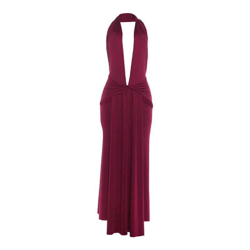 Women Clothing Sexy Halter Deep V Plunge neck Backless Split Solid Color Dress by Ragazza