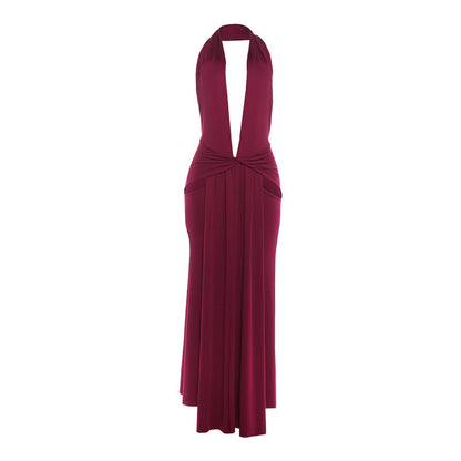 Women Clothing Sexy Halter Deep V Plunge neck Backless Split Solid Color Dress by Ragazza