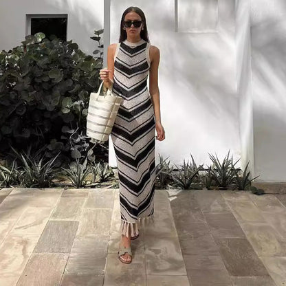 Sexy Tight Striped Tassel Knitted Dress Women Sleeveless Summer Midi Dress by Ragazza