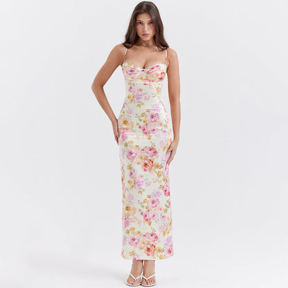 Women Clothing Dress Printed Strap Dress Sexy Backless Slit Vacation Floral Dress for Women by Ragazza