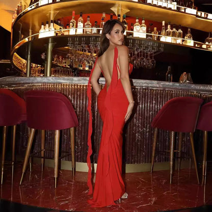 Women Summer Sexy Dress V Neck Backless Slim Fit Shoulder Strap Fishtail Evening Dress by Ragazza
