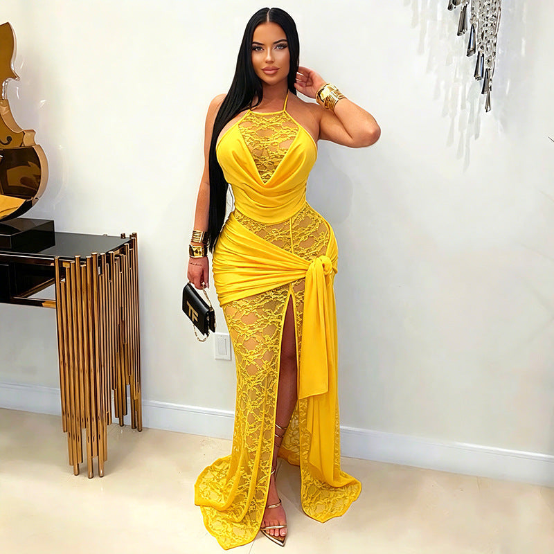 Women Clothing Summer Solid Color Lace Stitching Halter Swing Collar Slit Ribbon Maxi Dress  DestGlow
