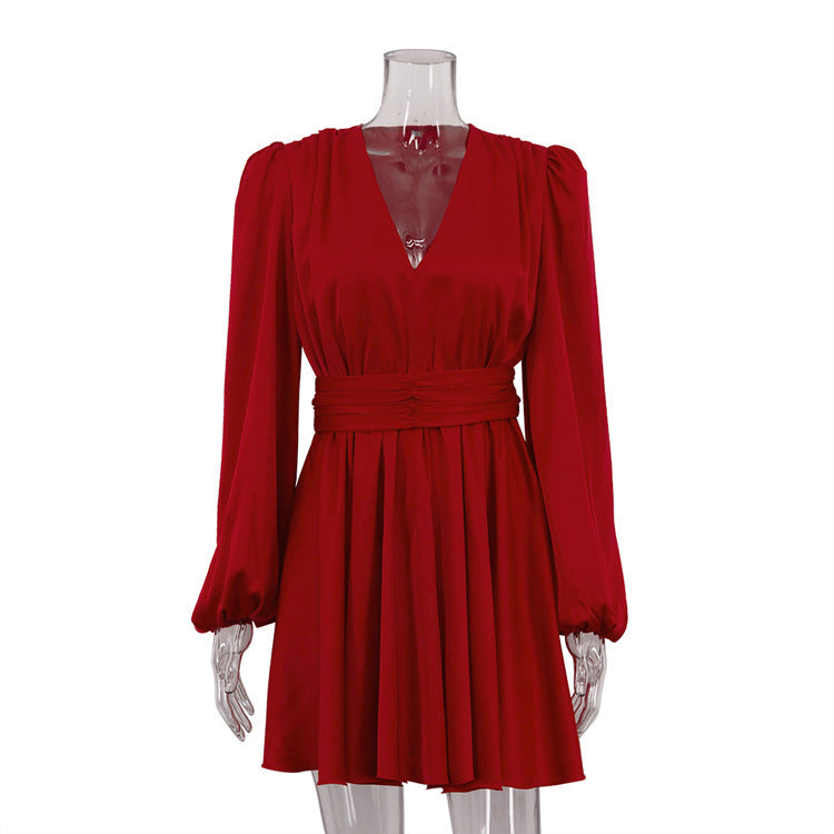 French Pleated Dress Women Puff Sleeve V neck Waist Seal Slimming Satin A line Dress by Ragazza