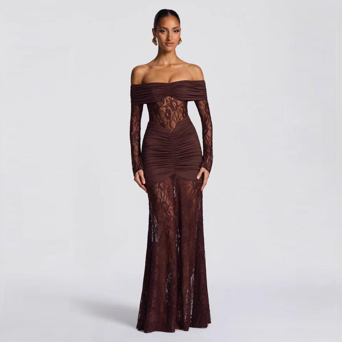 Autumn Elegant Lace Stitching off Shoulder Long Sleeve Narrow Dress Maxi Dress Women Evening Dress by Ragazza