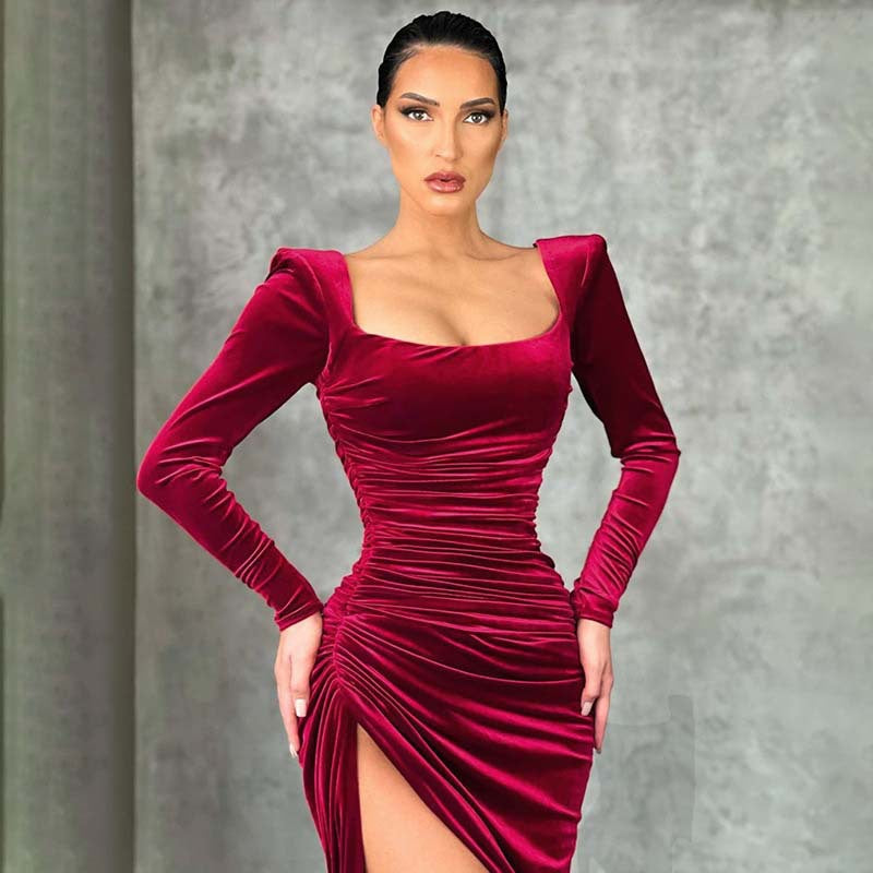 Women Clothing Winter Sexy Square Neck Fold High Waist Tuxedo Dress by Ragazza
