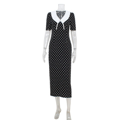 Women Clothing Hepburn French Polka Dots Retro Printed Color Matching Dress Slim Fit Slimming Dress by Ragazza