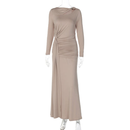 French Women Clothing Autumn Slim Pleated Waist Tight Irregular Asymmetric Long Sleeve Dress by Ragazza