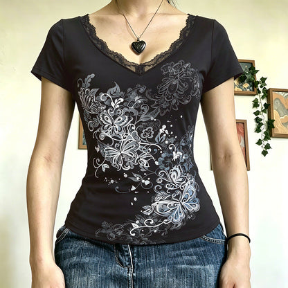 Retro Sexy Dark Printed Lace V neck Top Women Street Sexy Short Sleeve T shirt by Ragazza