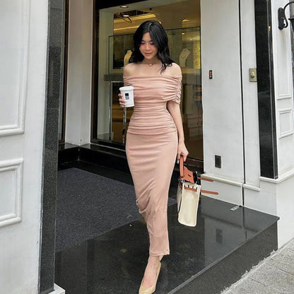 Spring Off Shoulder Pleated Dress Slim Fit Slimming Slit Bottoming Formal Dress by Ragazza