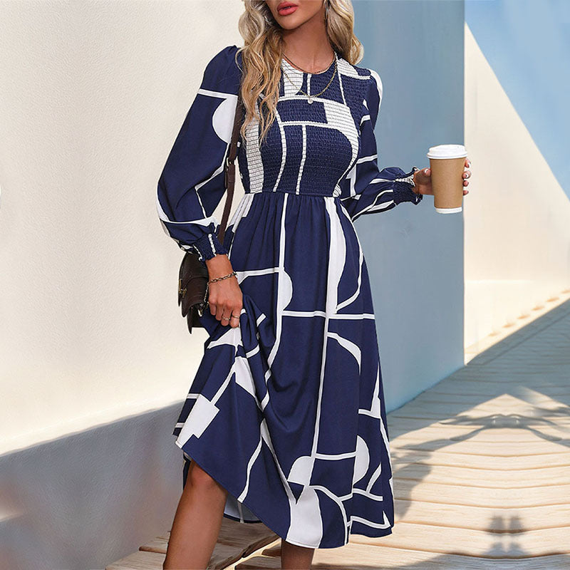 Fall Women Clothing Smocking Long Sleeve Printing Dress by Ragazza