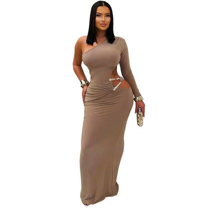 Women Wear Sexy Oblique Shoulder Single Sleeve Slim Fit Solid Color Dress by Ragazza