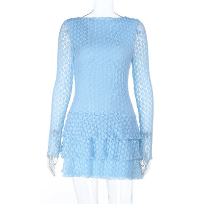 Round Neck Lace Stitching Sexy Sheer Long Sleeve Dress Women Tiered Dress by Ragazza