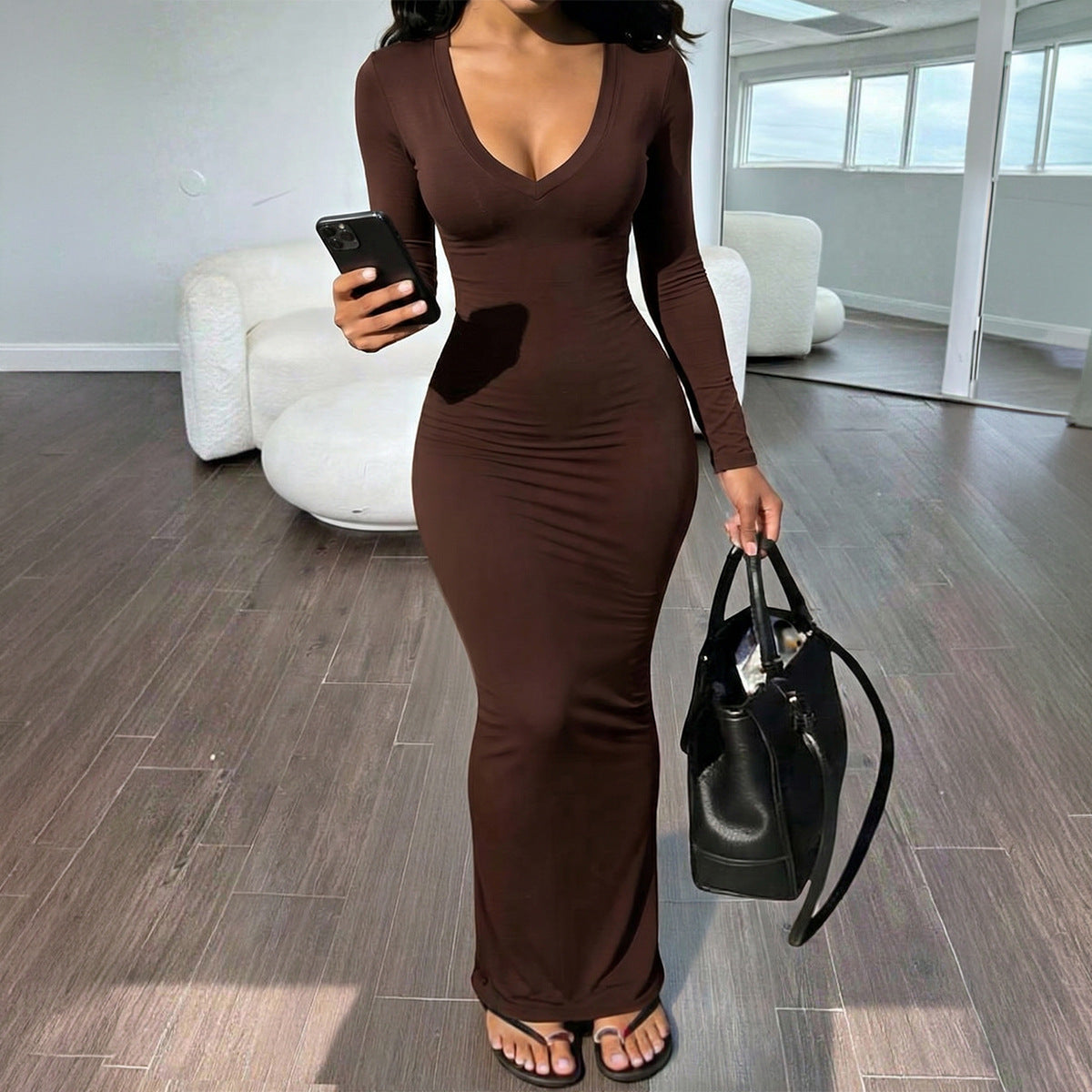 Young Sexy Deep V Plunge Neck Tight Dress Women Clothing Autumn Winter  DestGlow