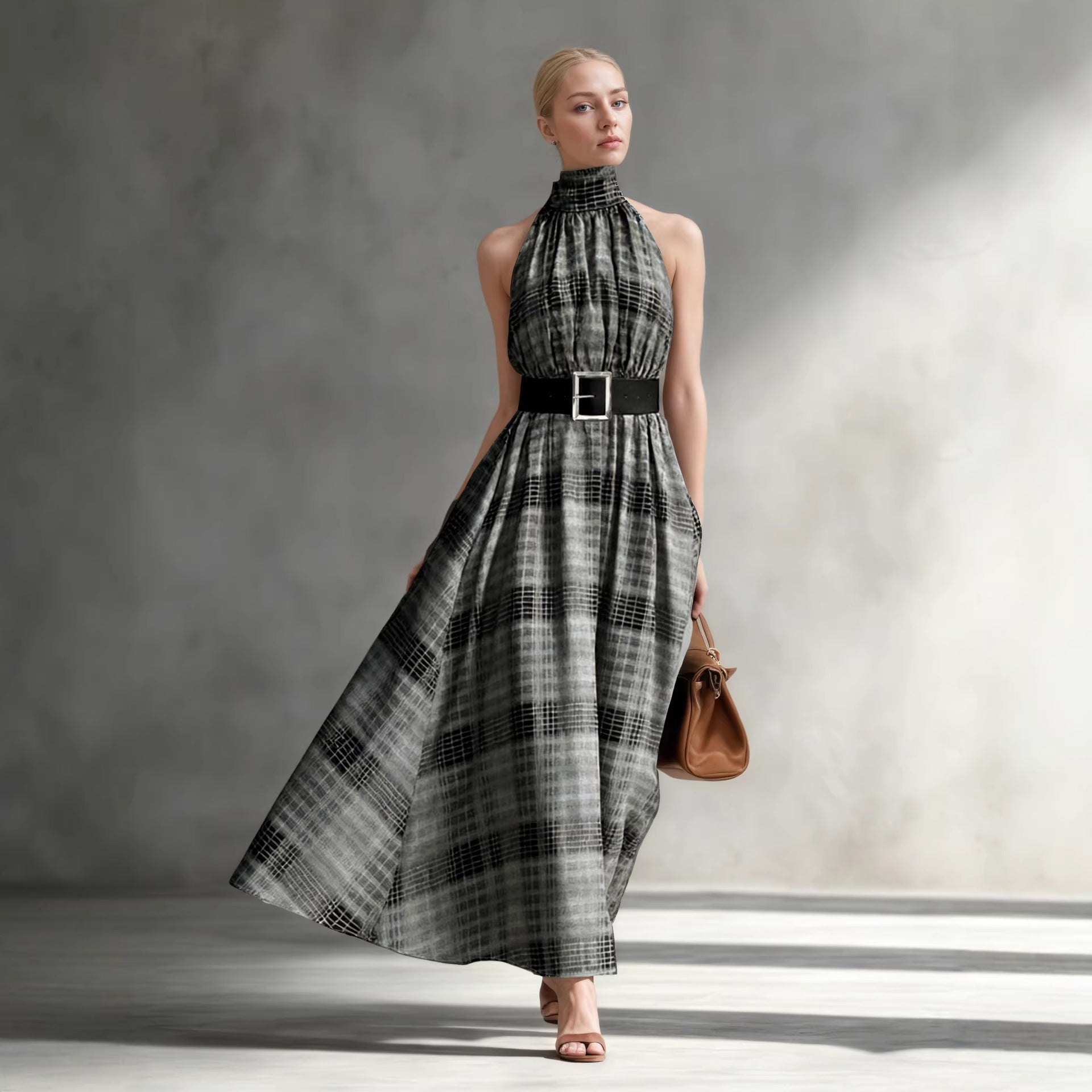 Halter Sleeveless Plaid High Waist Lace up Waist Draping Effect Large Hem A line Dress French Dress by Ragazza