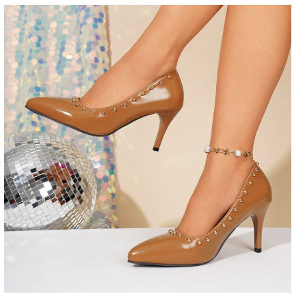 Pointed Rivets Stiletto Heel Pumps Women Low Cut Slip on High Heel Shoes  DestGlow