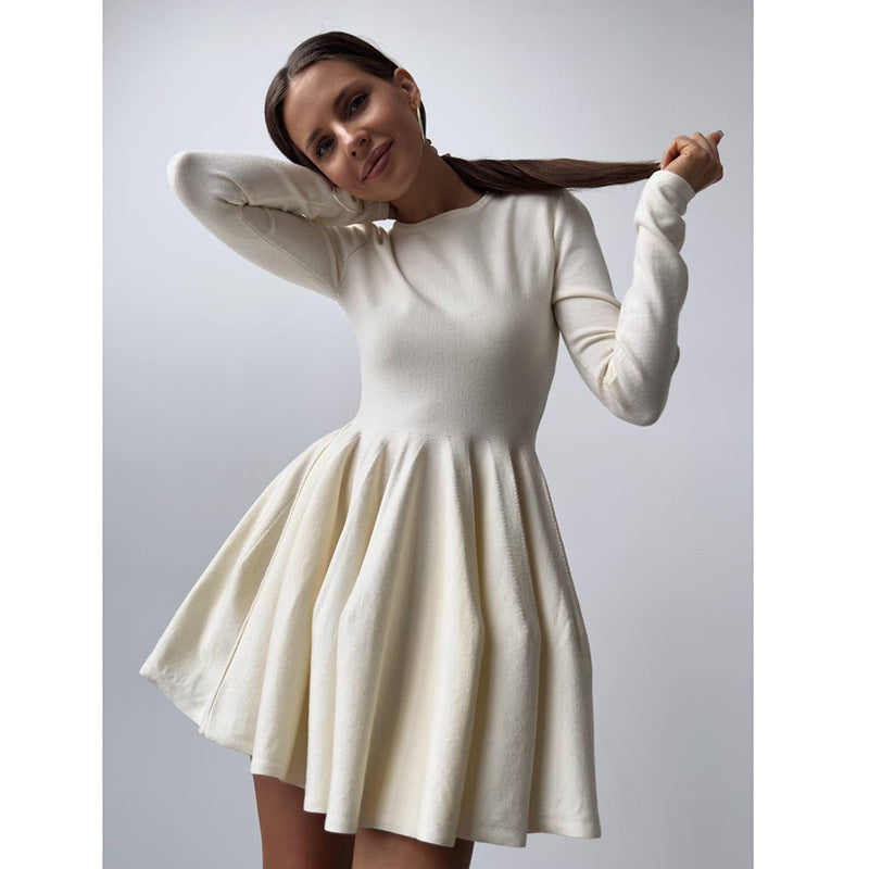 Round Neck Waist Trimming Knitted Dress Women All Match Advanced Pleated Woolen by Ragazza