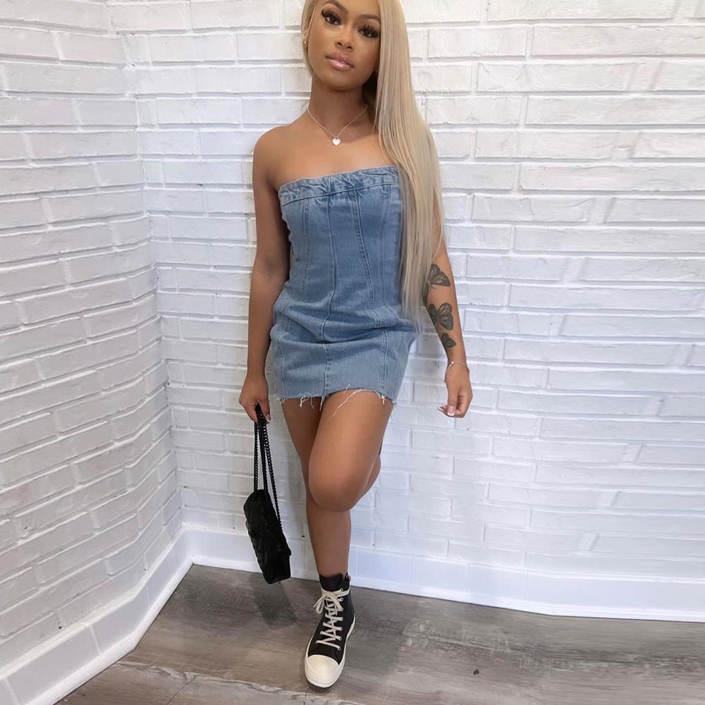Denim Spring Summer Sexy Backless Wash Chest Wrapped Dress Women by Ragazza