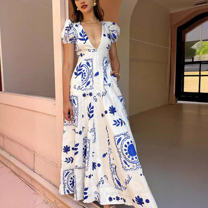 Low Cut V Neck Printed Puff Sleeve Large Swing Cotton Linen Dress by Ragazza