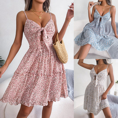 Spring Summer Floral Bow V-neck Ruffled Large Swing Dress Holiday Cami Dress Women Clothing by Ragazza