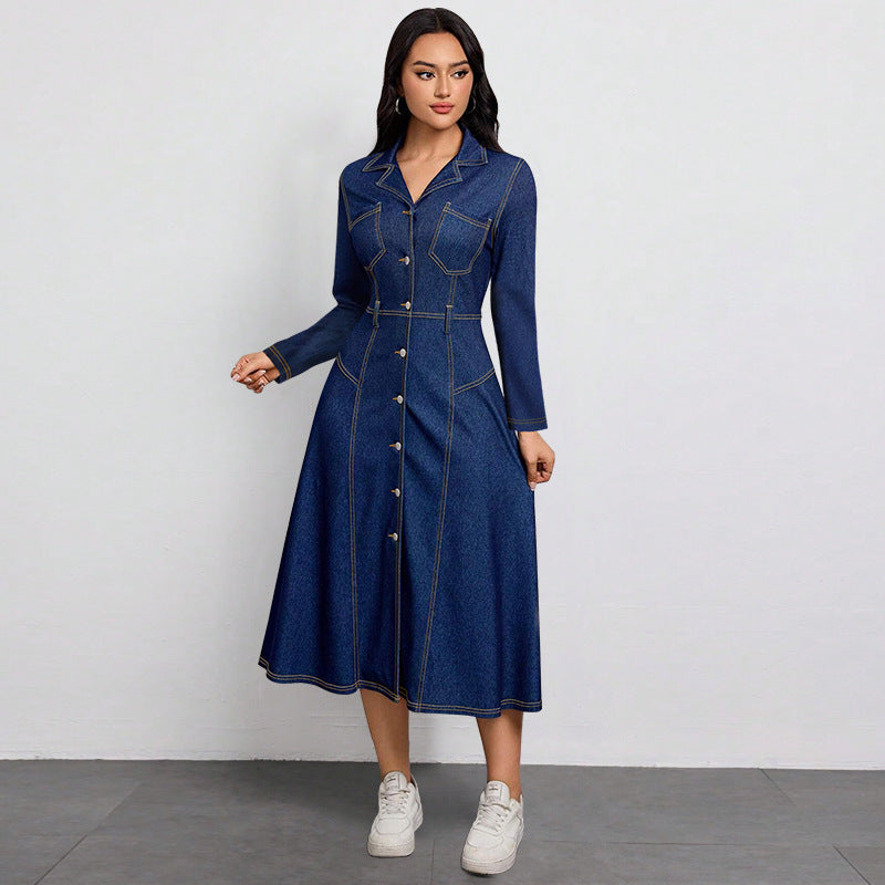 Women Clothing Denim Waist Slimming Thin High Class Elegant Anti Aging Long Sleeves Dress by Ragazza