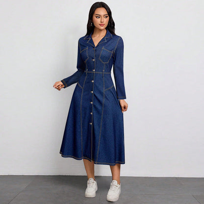 Women Clothing Denim Waist Slimming Thin High Class Elegant Anti Aging Long Sleeves Dress by Ragazza