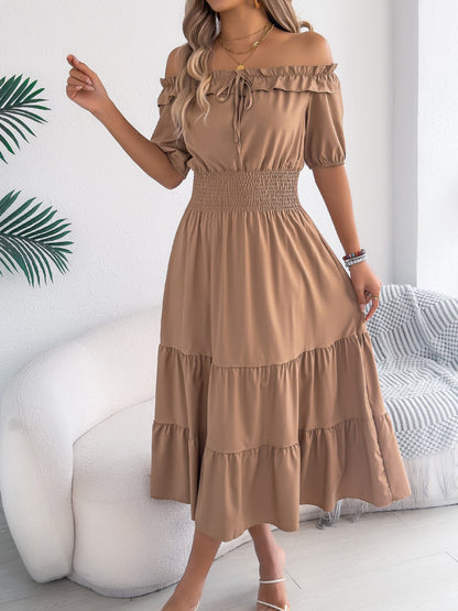 Spring Summer Casual Shoulder Baring Stringy Selvedge Short Sleeve Smocking Waist Slimming Maxi Dress Women Clothing  DestGlow