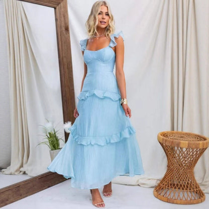 Summer Women Clothing Solid Color Elegant Graceful Ruffled Dress by Ragazza