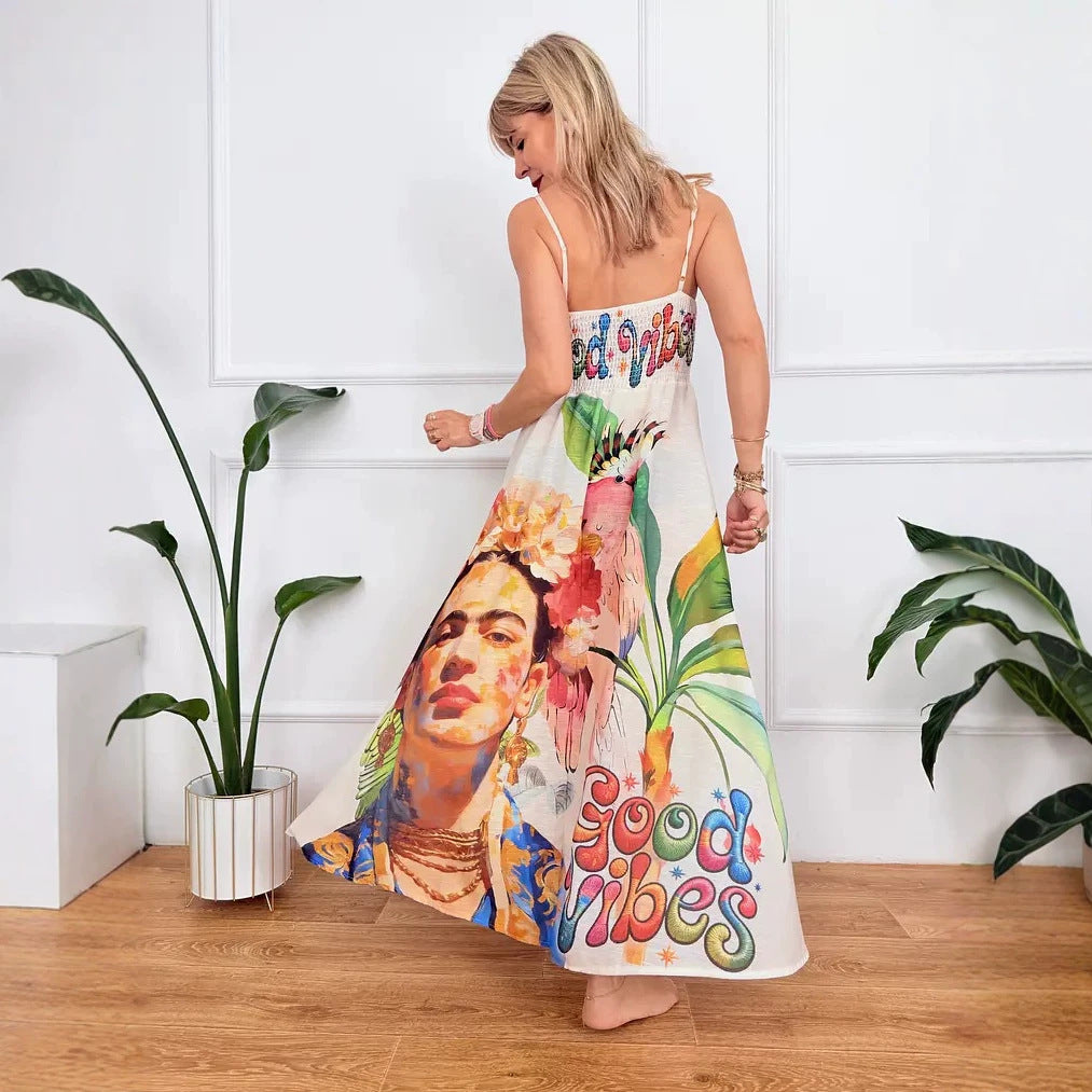 Dress Positioning Printed V neck A Swing Strap Dress for Women by Ragazza