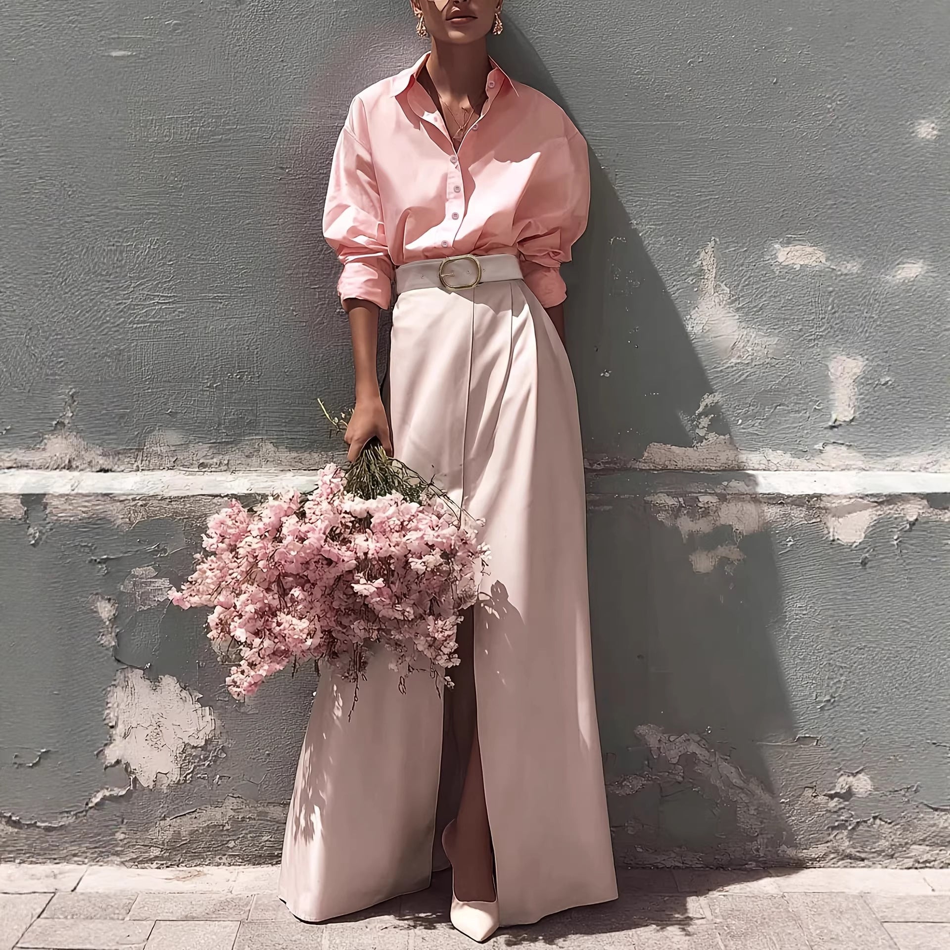 Women Pink Two Piece Set Loose Shirt High Slit Skirt Romantic Skirt Two Piece Sets by Ragazza