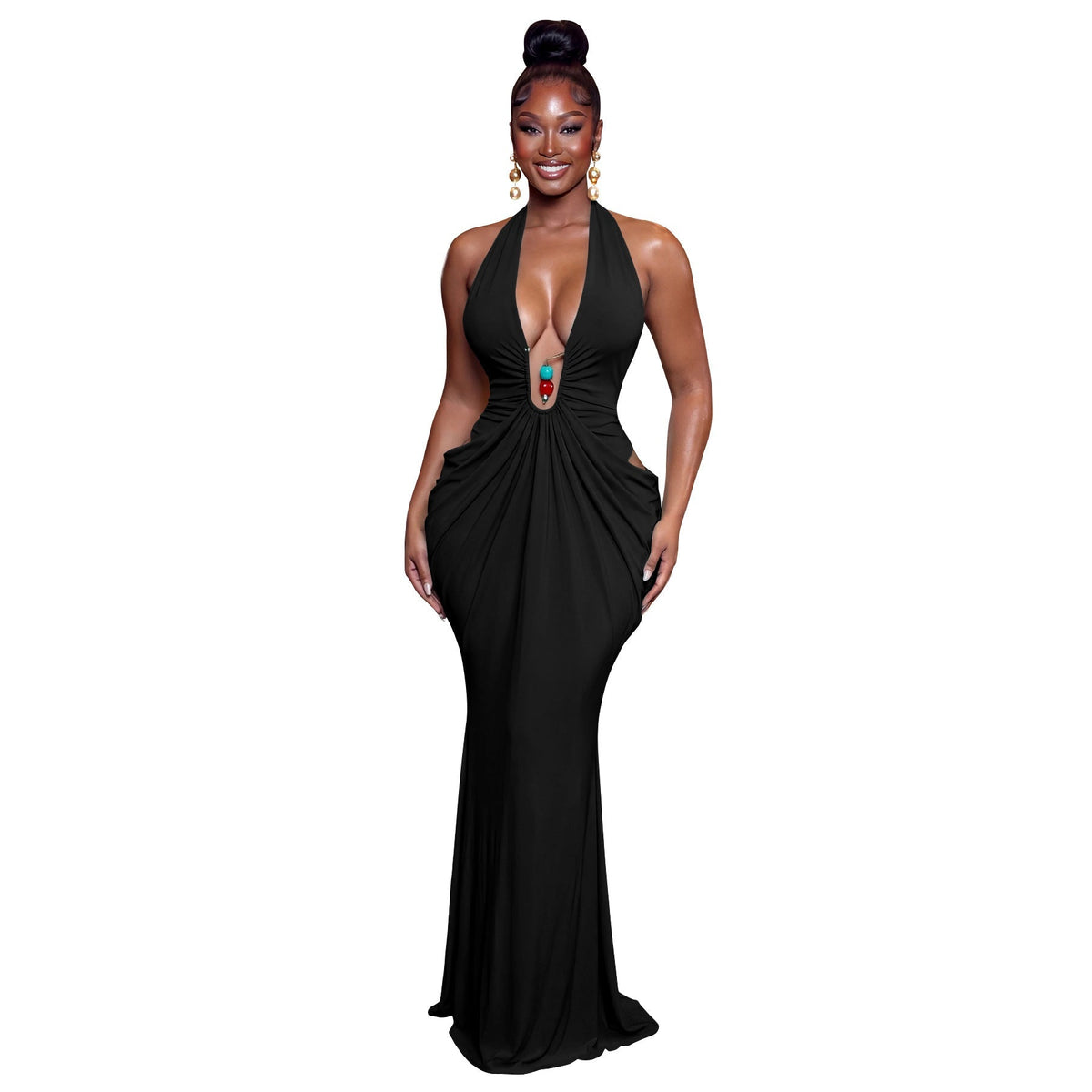 Women Clothing Elegant Halter V neck Sexy Backless Lace up Pleated Maxi Dress  DestGlow