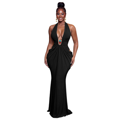 Women Clothing Elegant Halter V neck Sexy Backless Lace up Pleated Maxi Dress  DestGlow