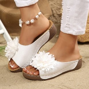 Floral Cloth Wedge Slippers Women Outdoor Seaside Platform Beach Slippers  DestGlow