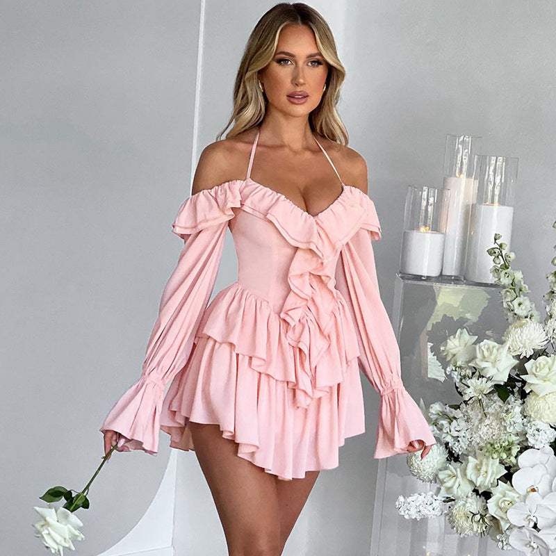 Women Clothing Autumn Sexy Halter Low Cut Ruffled Long Sleeve Romper by Ragazza