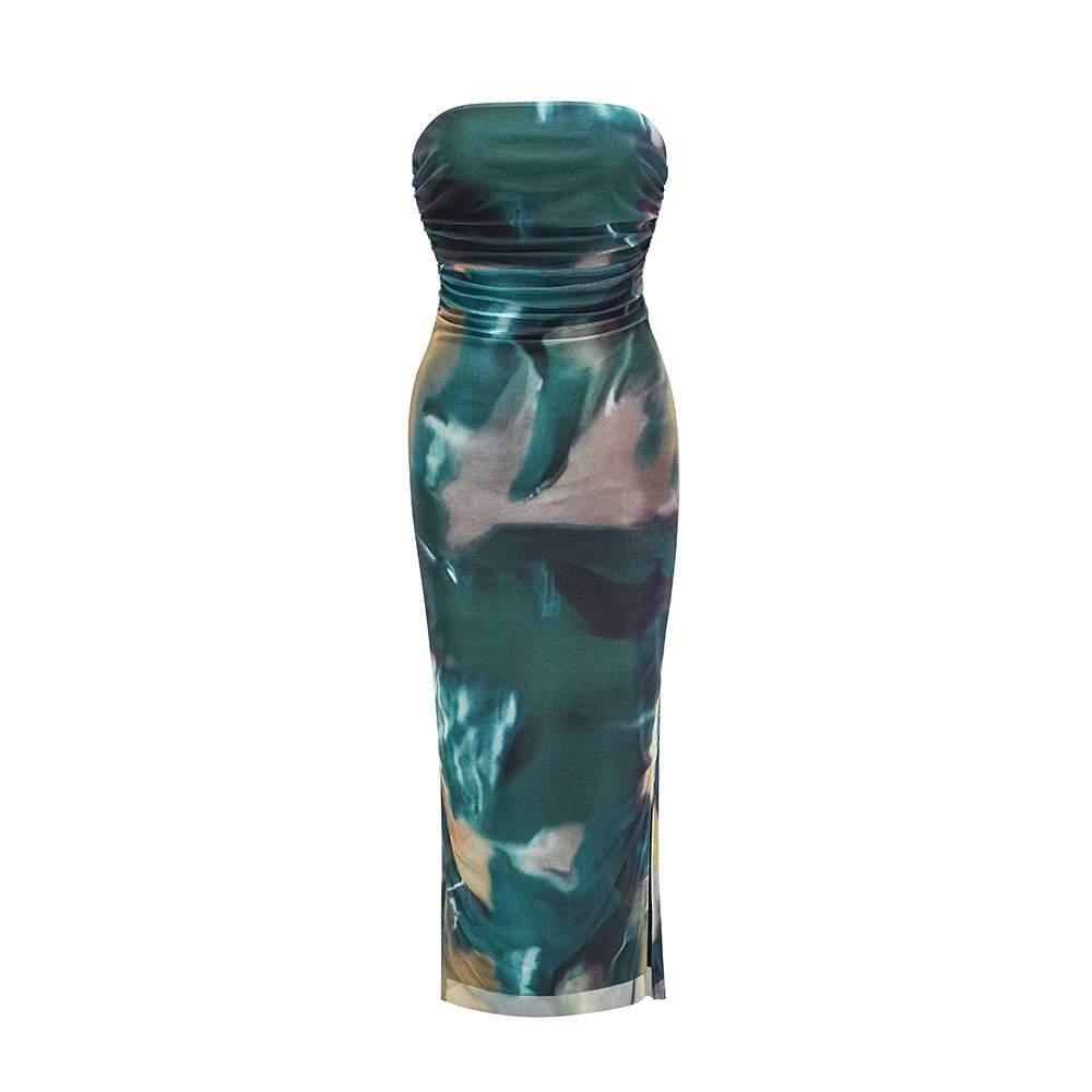 Women Clothing Spring Summer Mesh Printed Double Layer Sexy Side Slit Dress by Ragazza