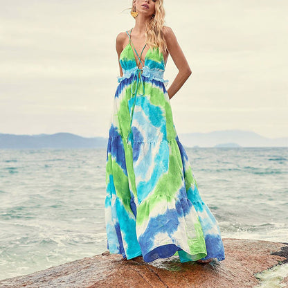 Spring Summer Tie Dye Gradient Slanted Stripe Horizontal Pattern Printing Slip Dress by Ragazza