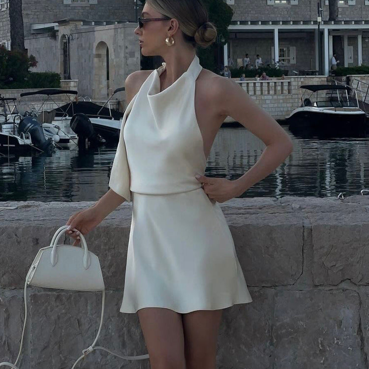 Women Clothing Satin Draping Dress Sexy Backless Halter Lace up A line Dress by Ragazza