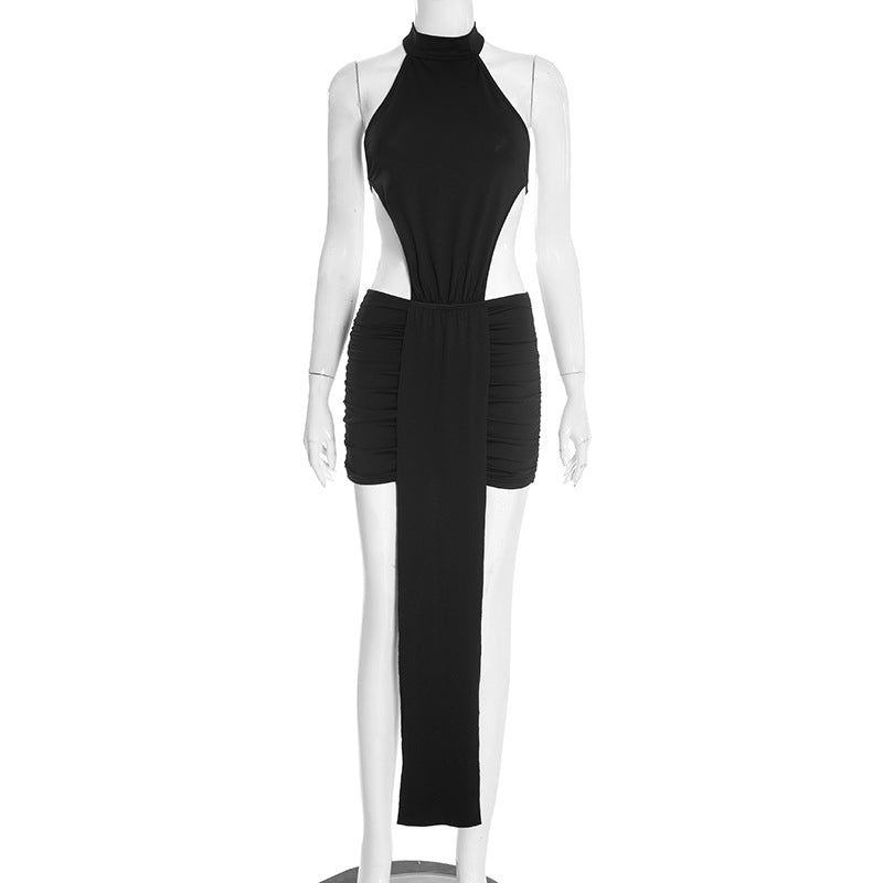 Women Clothing Spring Solid Color Stitching Sexy Slim Hollow Out Cutout Ribbon Short Sleeveless Dress by Ragazza