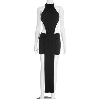 Women Clothing Spring Solid Color Stitching Sexy Slim Hollow Out Cutout Ribbon Short Sleeveless Dress by Ragazza