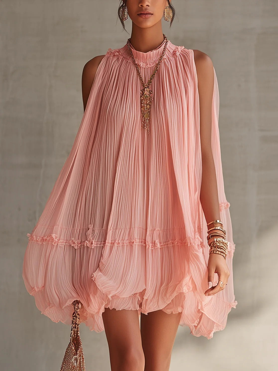 Sleeveless Pleated Dress Women Loose Big Hem A line Girl Dress Holiday Dress  DestGlow