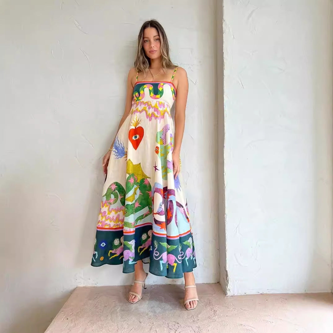 Dress Women Clothing Spaghetti Strap Floral Print Linen 9 Color Large Swing Dress by Ragazza
