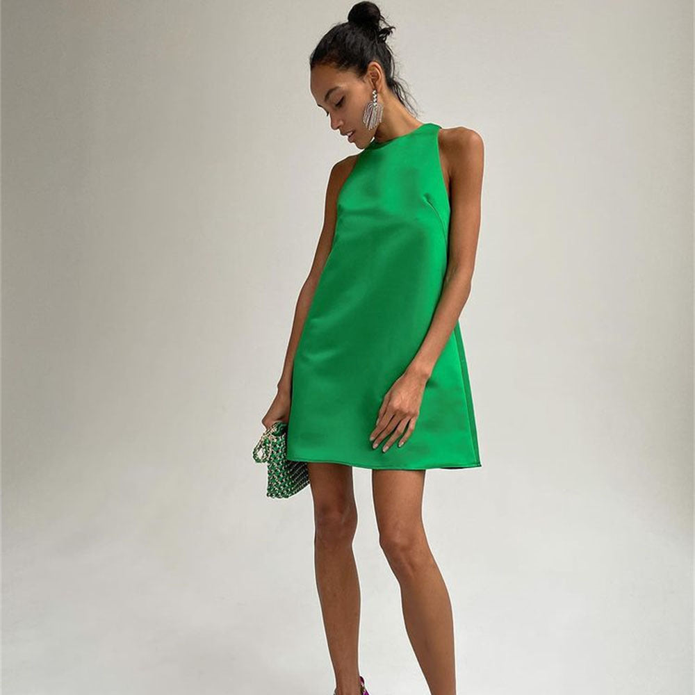 Spring Summer Satin Dress round Neck Sleeveless A line Sexy Party Dance Dress by Ragazza