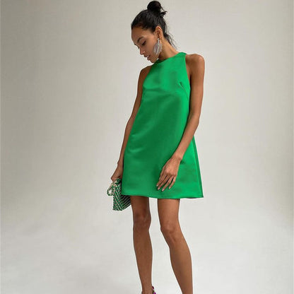 Spring Summer Satin Dress round Neck Sleeveless A line Sexy Party Dance Dress by Ragazza