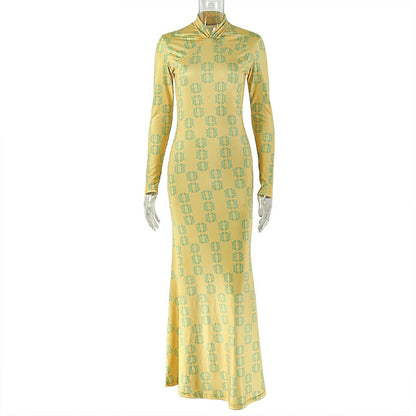 Retro Home Women Slim Fit Printed Hip Dress Pleated Turtleneck Long Sleeve Dress by Ragazza