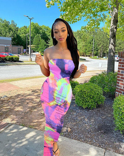 Women Clothing Spring Summer Colorful Tie Dye off Shoulder Tube Top Dress by Ragazza