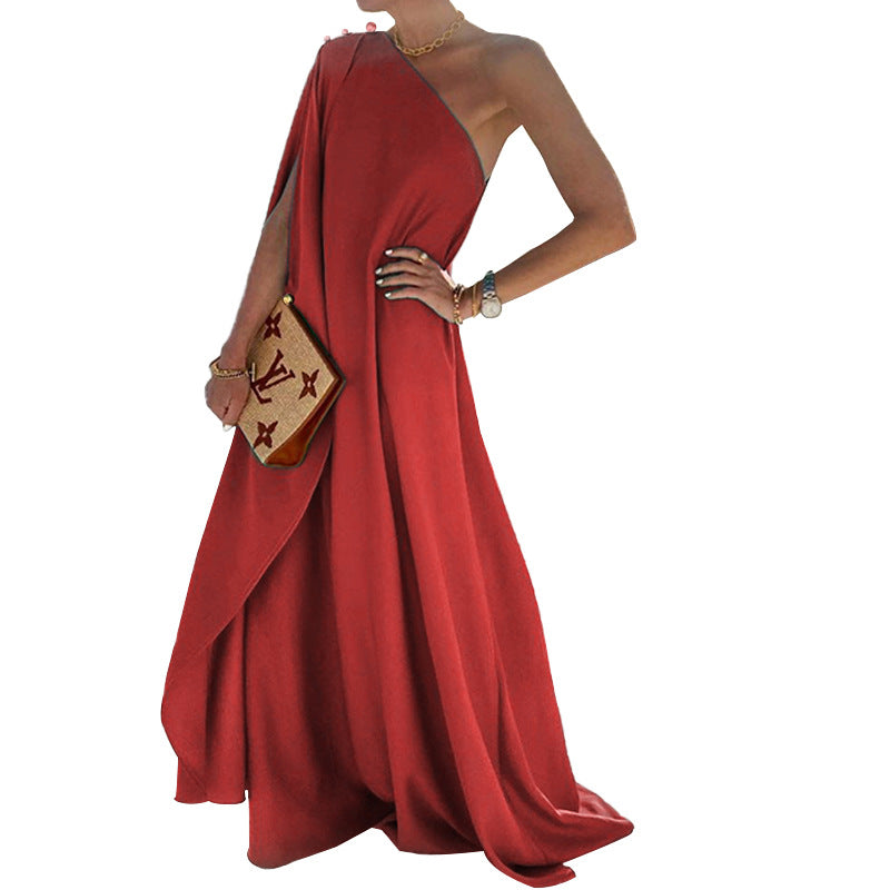 Summer Women Clothing Graceful Fashionable Solid Color French Loose One-Shoulder Maxi Dress by Ragazza