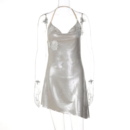 Spring Women Clothing Halter Swing Collar Sexy Backless Bronzing Slim Dress by Ragazza